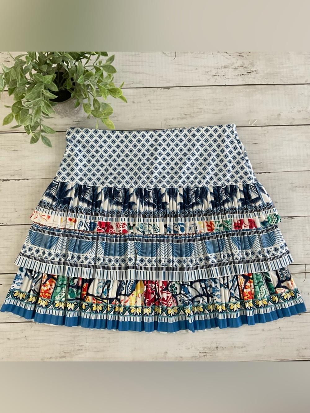 Lucky in Love Blue Patterned 3 Tiered Skirt with Multicolor Floral Trim. Size XS